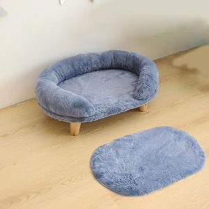 Verhoogd huisdierbed, kattenhondkrukbed met stevige houten poten, huisdierstoel, pluchen huisdierbed, ronde warme knuffelkennel, zachte puppybank voor kleine hondenkittens, reliëf,Grijs,L