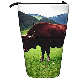 Nbtghga Echte Zwitserse Koe Bruin Print Potlood Telescopische Klassieke Kunsten Stand Up Etui Organizer Potlood Houder Make-up Tas Gift, Zwart, Eén maat