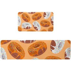 VAPOKF 2 stuks keukenmat donuts met oranje witte chocolade, antislip wasbaar vloertapijt, absorberende keukenmat loper tapijt voor keuken, hal, wasruimte