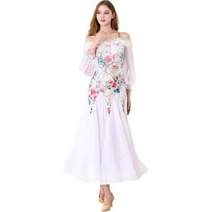 Elegante moderne dansjurken Nationale standaard danskleding Tango Waltz oefenjurk voor vrouwen Geweldig Tulle Swing danskostuum,Wit,L