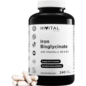 IJzer 14 mg. 240 veganistische capsules voor 8 maanden behandeling. Zuiver plantaardig ijzerbisglycinaat met Vitamine C, foliumzuur en Vitamine B12. Gefabriceerd in Europa door HIVITAL