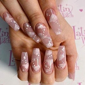 Coffin False Nails Snow Glitter Press on Nails Christmas Ballerina Acrylic Stick on Nails Pink Long Fake Nails 24pcs for Women and Girls (Color : Purple, Size : 24 Count (Pack of 1))