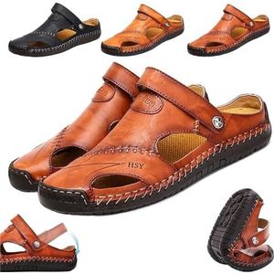 WUQILONGBANG Grote maat zacht leer mannen ademende outdoor sandalen,Lederen sandalen gesloten teen strand slippers platte schoenen, Rood Bruin, 40.