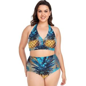 Olieverf Ananas Fruit Vrouwen Bikini Sets Plus Size Badpak Twee Stukken Hoge Taille Strandkleding Meisjes Badpakken, Pop Mode, 4XL
