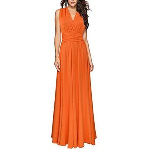 EMMA sexy maxi-jurk voor dames, elegant, V-hals, open rug, bindstrikje, geplooide avondjurken, mouwloos, schoudervrij, cocktailjurk, oranje, M