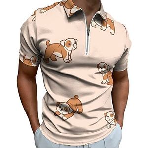 Cartoon Happy Bulldog heren poloshirt met rits T-shirts casual korte mouw golf top klassieke pasvorm tennis tee