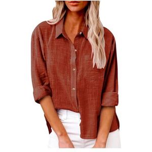 Dames katoenen linnen button-down overhemd 2024 lente casual effen kleur shirts met lange mouwen losse werktops met zakken(Color:Orange,Size:4XL)
