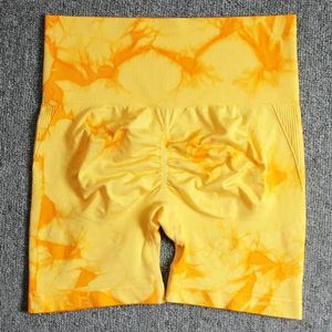 Naadloze Tie Dye Sport Shorts Voor Dames Zomer Elastische Scrunch Hoge Taille Push-Up Buikcontrole Gym Fitness Workout -Bright Yellow-M