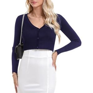 Irevial Bolero voor dames, feestelijk, kort vest, elegante jas, lange mouwen, cardigan met knopen, bolerojas voor de herfst en lente, Donkerblauw, M