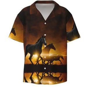 EdWal Running Black Horses Print Heren Korte Mouw Button Down Shirts Casual Losse Fit Zomer Strand Shirts Heren Jurk Shirts, Zwart, 4XL
