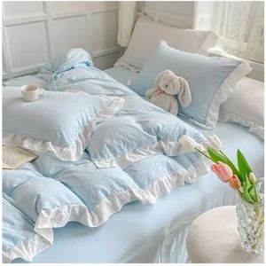 Kanten beddengoedhoes, Dekbedovertrekset met ruches, prinsessenstijl, veelkleurig, meerdere maten, 4 stuks, katoen(Color 01,Full 4pcs 180x220)