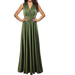 EMMA sexy maxi-jurk voor dames, elegant, V-hals, open rug, bindstrikje, geplooide avondjurken, mouwloos, schoudervrij, cocktailjurk, legergroen, S
