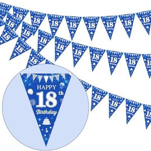 18e verjaardag decoraties koningsblauw - 3 stuks 18e verjaardag vlaggenlijn blauw, 36 stuks Happy 18e verjaardag wimpel, driehoekige vlag banners voor jongens 18 jaar oude verjaardag decoraties