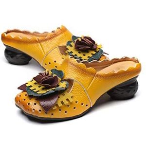 Zomersandalen voor dames, Popoti sleehak, leren pantoffels, mocassins, pompen, bloemen, flipflops met hak, Geel., 39 EU