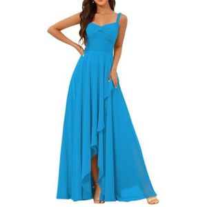 Chiffon bruidsmeisjesjurken voor dames, met split, lange baljurken, cocktailjurken, grote maten, Oceaan Blauw, 32
