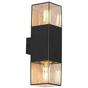 QAZQA - Modern Buiten wandlamp zwart met smoke kap 2-lichts IP44 - Denmark | Buitenverlichting - Aluminium Langwerpig - E27 Geschikt voor LED - Max. 2 x 15 Watt