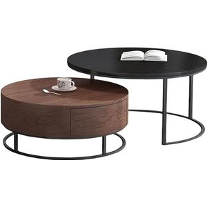 MAXCBD Nestende salontafel rond, industriële stijl ronde salontafel set, met lade opslag, stevig zwart metalen frame (kleur: B)