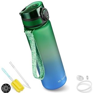 My Vesperbox Minny Drinkfles voor kinderen, lekvrij, met rietje of zeef, 350 ml, 500 ml, 750 ml, lichte Tritan waterfles, BPA-vrij, voor kleuterschool, school (groen-blauw, 500 ml)