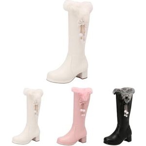 Hoge Dameslaarzen for De Herfst-winter, Schattige Laarzen Met Lange Schacht En Strikken, Pluche Snowboots Met Ritssluiting Aan De Zijkant, Schoenen Met Blokhak for Feestjes(White,36 EU)