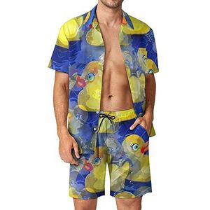 Gele rubberen eenden Hawaiiaanse bijpassende set voor heren, 2-delige outfits, button-down shirts en shorts voor strandvakantie