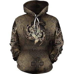 Heren Celtic Knot Raven Hoodie, 3D Digitaal Printen Mode Harajuku Herfst Lente Plus Size Sweatshirt, Middeleeuwse Pagan Lange Mouw Trekkoord Top(Size:5XL)