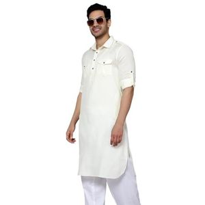 Lakkar Haveli Mannen Pakistaanse traditionele crème shirt Kurta bruiloft partij dragen grote lange witte pyjama broek set katoen, cr�me, XS