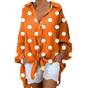 Kanpola Casual oversized lange blouse dames stippen tops lange mouwen kentkraag hemd los shirt met lange mouwen met knoopsluiting lente herfst, 10-oranje, 48