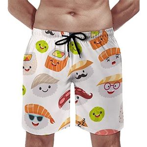 Kawaii Sushi Emoticon Strandshorts voor heren, sneldrogend, boardshorts, mesh-voering, strandbroek, sportschool, zwembroek, 2XL