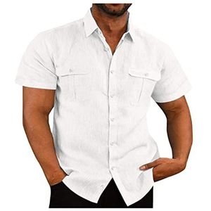 WEITING Linnen overhemd voor heren, korte mouwen, zomer, casual shirt, strandshirt, katoen, linnen, eenkleurig, overhemd, knoopshirt, T-shirts, Wit, XL
