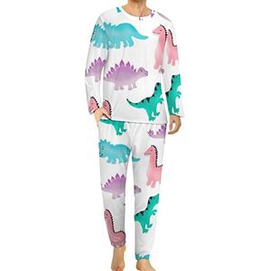 Aquarel dinosaurus patroon comfortabele heren pyjama set ronde hals lange mouw loungewear met zakken L