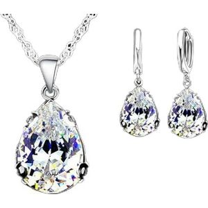 925 Sterling Zilver Water Drop Crystal Hanger Ketting Earring Sieraden Set voor Vrouwen Bruiloft Verloving