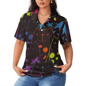 Cats with Lines Stars Dots dames sportshirt korte mouwen T-shirt golfshirts tops met knopen workout blouses