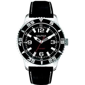 Nautica Heren Lederen N09611G Zwart Lederen Quartz Horloge met Zwarte Wijzerplaat