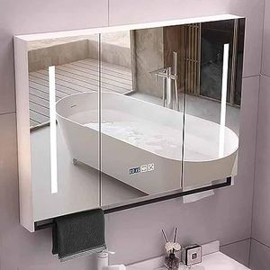 UkewEi 28""x70"" Led badkamer spiegelkast met verlichting voor muur, moderne houten medicijnkast met spiegel, anti-mist, waterdicht, klok en temperweergave (kleur: wit, maat: 70 x 75 x 12 cm)