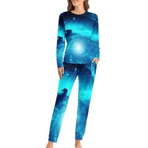 Blauwe Galaxy zachte damespyjama met lange mouwen, warme pasvorm, loungewear sets met zakken, XS