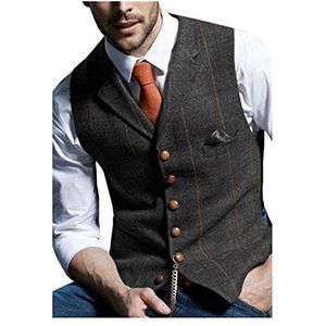BGDRR Vest voor heren, gilet, plaid, tweed, Herringbone, wol, zakelijk, bruiloft, groen, zwart, grijs, kantoor (kleur: grijs, maat: XL)