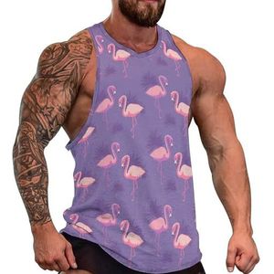 Roze flamingo's en palmbladeren heren tanktop grafische mouwloze bodybuilding T-shirts casual strand T-shirt grappige sportschool spier