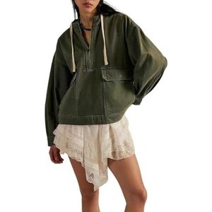 QOUERUUE Vrouwen Casual Denim Hoodie Pullover Tops Lange Mouw Losse Fit Half Zip Jean Hooded Sweatshirt, Groen, L