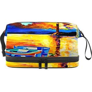 Grote capaciteit reizen cosmetische tas,Olieverfschilderij zonsondergang, make-up tas,Waterdichte make-up tas organisator, Meerkleurig, 27x15x14 cm/10.6x5.9x5.5 in