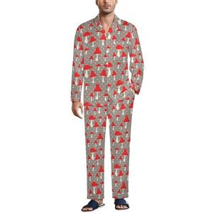Leuke Rode Paddestoel Mannen Pyjama Set Tweedelige Button Down Nachtkleding Lange Mouw Top En Broek Loungewear