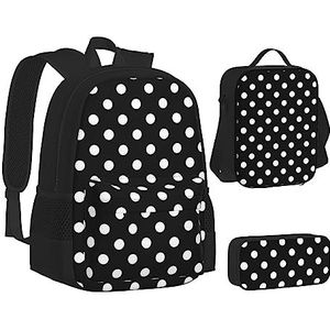 TOMPPY Zwart-wit Polka Dots Gedrukt Boeken Tas met Lunch Bag en Etui voor Elementaire, 3 stks Rugzak Sets, Zwart, Eén maat, Schooltas Set