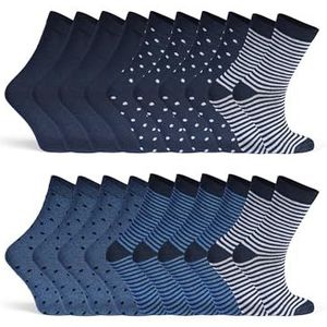 10 paar damessokken met strepen en stippen, gestreepte sokken, meerkleurig blauw, grijs, zwart met verschillende patronen, zacht katoen, comfortabel, blauw-mix., 35-38 EU