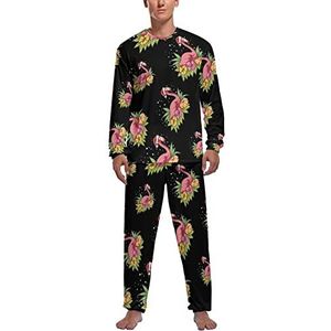 Leuke kerst flamingo zachte heren pyjama set comfortabele lange mouwen loungewear top en broek geschenken S
