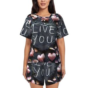 I Love You Words With Hearts Print Dames Zomer Pyjama Sets Nachtkleding Dames Korte Mouw Nachtkleding Pjs Lounge Met Zakken, Zwart, 4XL