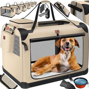 Lovpet® Hondenbox, incl. hondenbak, opvouwbaar, L 70 x 52 x 52 cm hondentransportbox, transporttas, hondentas, transportbox voor huisdieren, honden en katten, beige