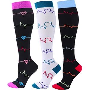 3 paar compressiekousen voor dames en heren, 20-25 mmHg, compressiekousen, beste atletische en medische sokken voor sport, hardlopen, zwangerschap, vliegreizen, verpleging, Roze+wit+blauw, S/M (Tall)