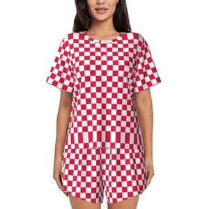 Rood Geruite Witte Vierkanten Print Dames Zomer Zachte Tweedelige Bijpassende Outfits Korte Mouw Pyjama Lounge Pyjama Sets, Zwart, XL