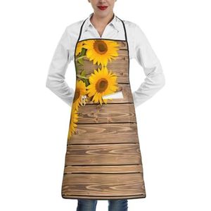 ZhaoYuGoods Drie zonnebloemen op houten schorten met zakken voor vrouwen, stijlvolle kookschorten voor keuken tuinieren salon, ideale print schort, Drie zonnebloemen op hout, Eén maat