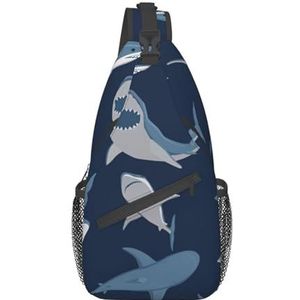 FRGMNT Bakstenen Muur Print Crossbody Sling Rugzak Sling Bag Voor Vrouwen, Borst Tas Dagrugzak Crossbody Voor Reizen Sport, Blauwe Cartoon Haai, Eén maat