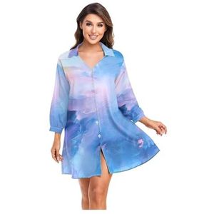 DUNSBY Bikini Cover Up Vrouwen Strand Shirts Marmeren Print Badpak Cape Zomer Lange Mouw Tuniek Badmode Outfits Badpak Cover Up (Kleur: 01, Maat: S)